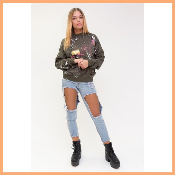 NWT Distressed Painted Sweatshirt (OIive Green) - Picture 3 of 4